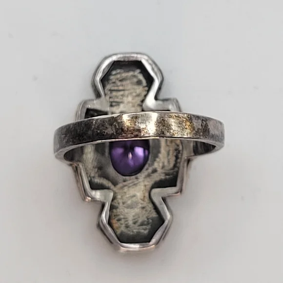 Sterling Silver Purple Glass Center Onyx Art Deco Style Ring Size 5 1/4 - Picture 6 of 13